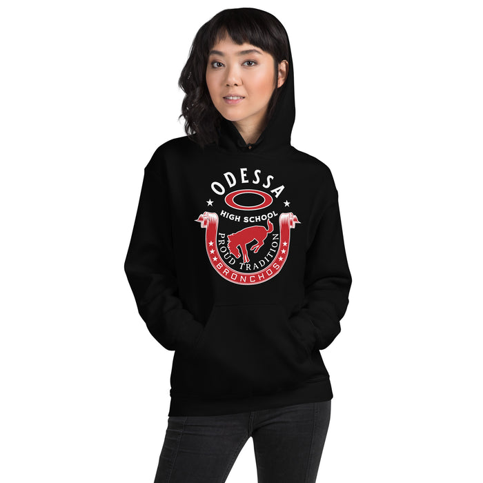 Woman wearing Odessa High School Bronchos Black Classic Unisex Hoodie 229