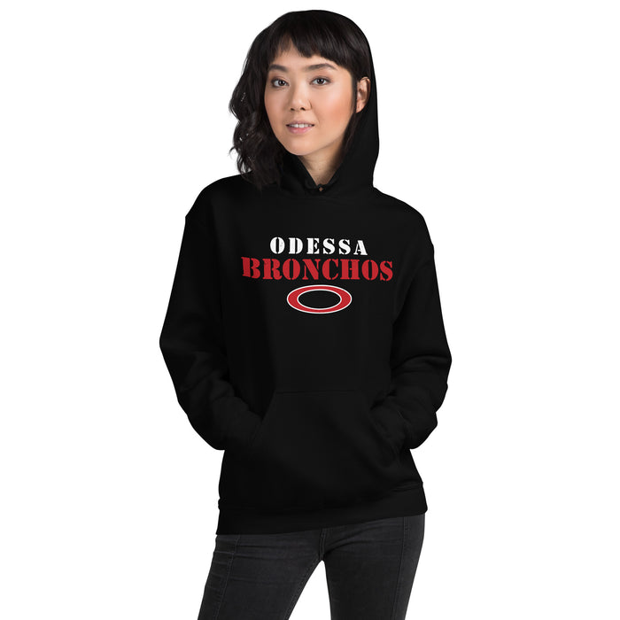 Woman wearing Odessa High School Bronchos Black Classic Unisex Hoodie 017