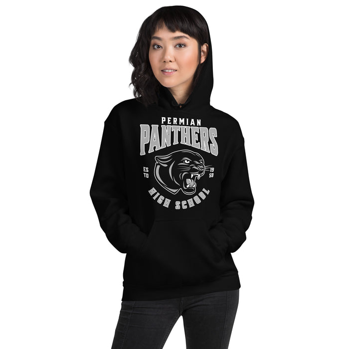 Woman wearing Permian High School Panthers Black Classic Unisex Hoodie 213