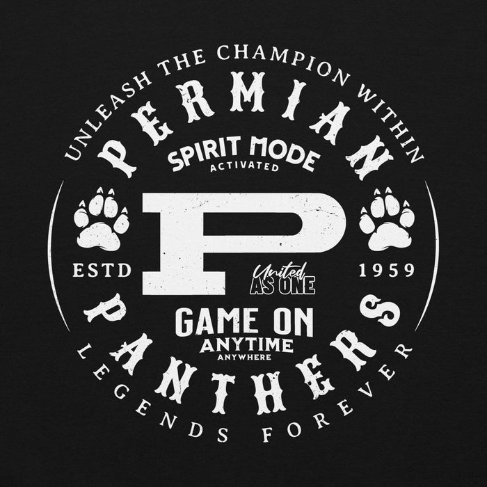 Black hoodie with white text and panther paw prints on a black background - Permian High School classic hoodie design 214