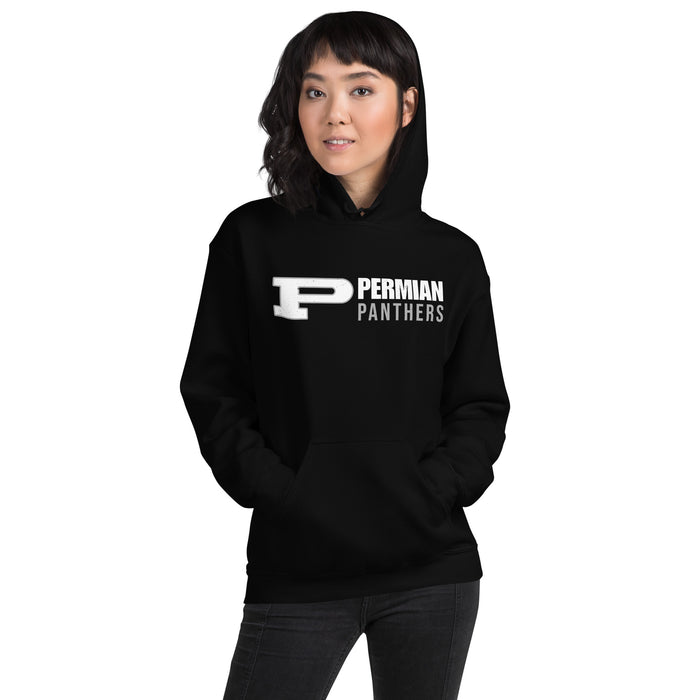 Woman wearing Permian High School Panthers Black Classic Unisex Hoodies 200