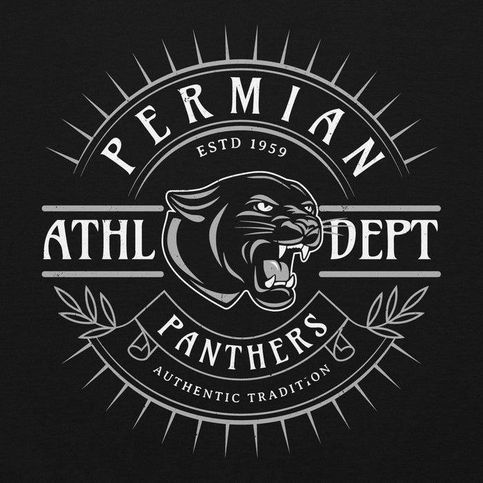 Black and white logo of the Permian Panthers athletic department with panther head and text on a black background - classic hoodie design 201
