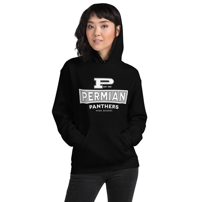 Woman wearing Permian High School Panthers Black Classic Unisex Hoodies 202