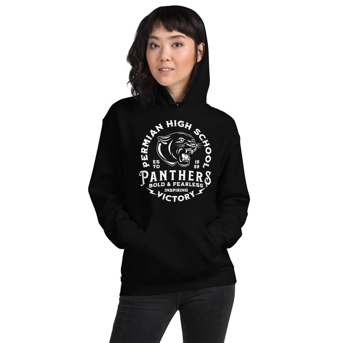 Woman wearing Permian High School Panthers Black Classic Unisex Hoodies 206