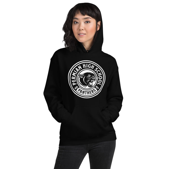 Woman wearing Permian High School Panthers Black Classic Unisex Hoodies 220