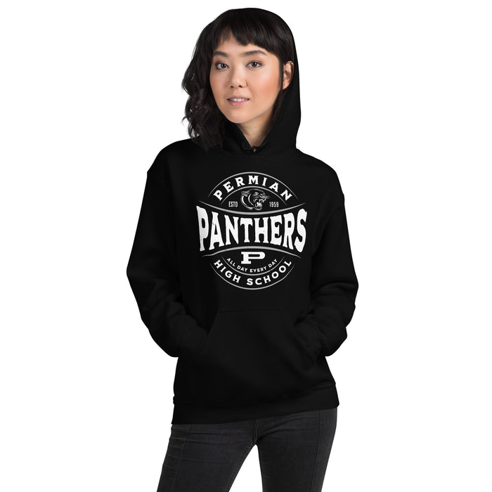 Woman wearing Permian High School Panthers Black Classic Unisex Hoodies 218