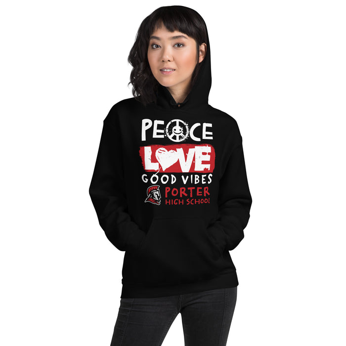 Woman wearing Porter High School Spartans Black Classic Unisex Hoodie 240