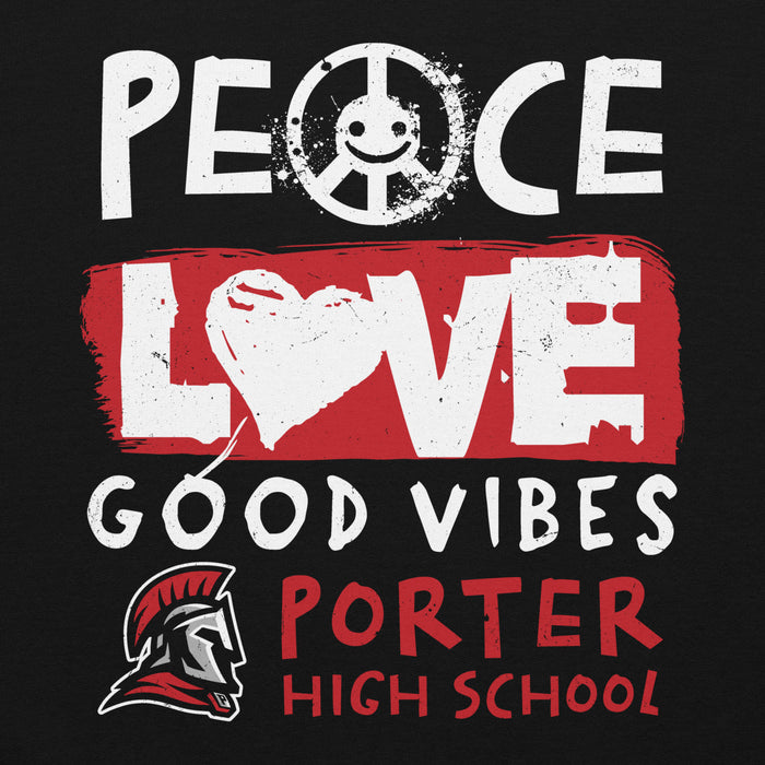 Black t-shirt with 'Peace Love Good Vibes Porter High School' text and logo. - classic hoodie design 240