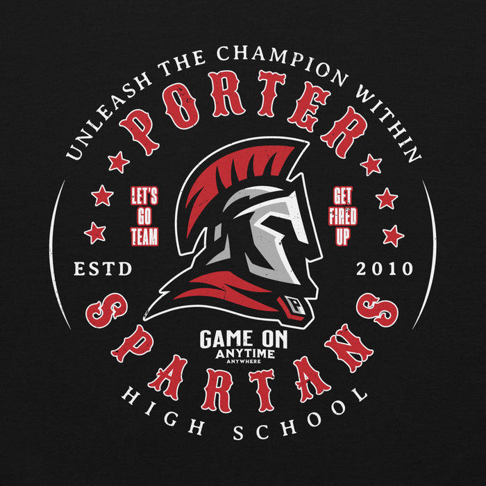 Close-up view of Porter High School Spartans Black Classic Unisex Hoodie 214
