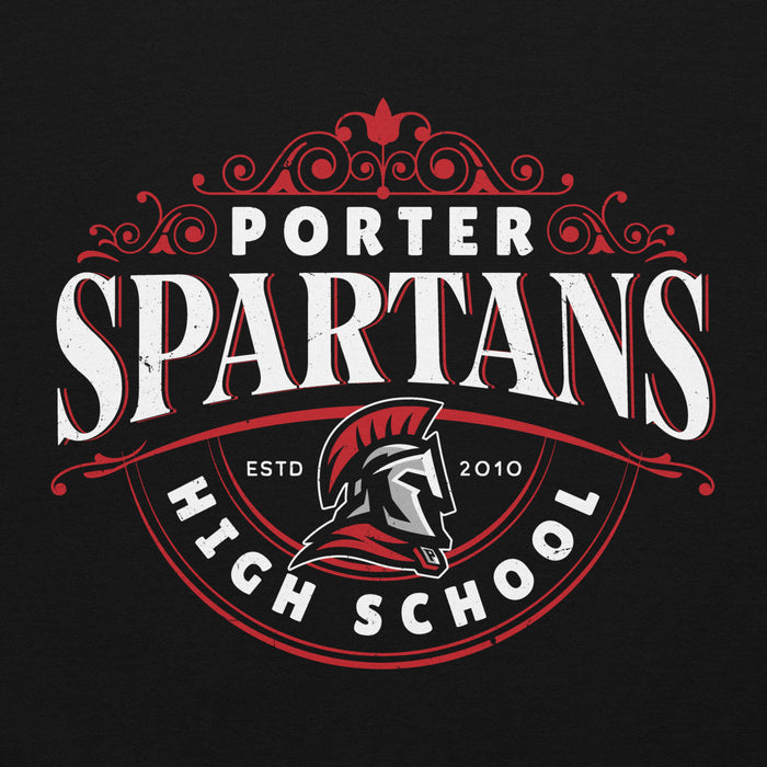 Close-up view of Porter High School Spartans Black Classic Unisex Hoodie 211