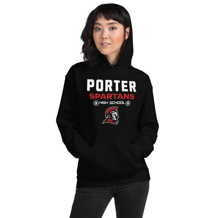 Woman wearing Porter High School Spartans Black Classic Unisex Hoodie 003