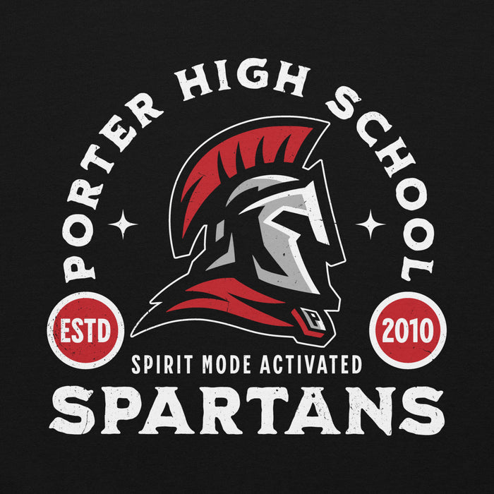 Close-up view of Porter High School Spartans Black Classic Unisex Hoodie 208