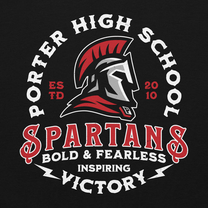 Close-up view of Porter High School Spartans Black Classic Unisex Hoodie 206