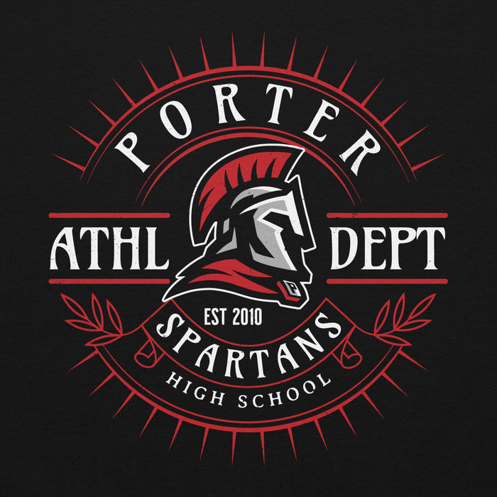 Porter Athletic Department Spartans High School logo on a black background - classic hoodie design 201
