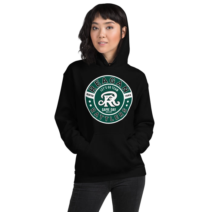Woman wearing Reagan High School Rattlers Black Classic Unisex Hoodie 239