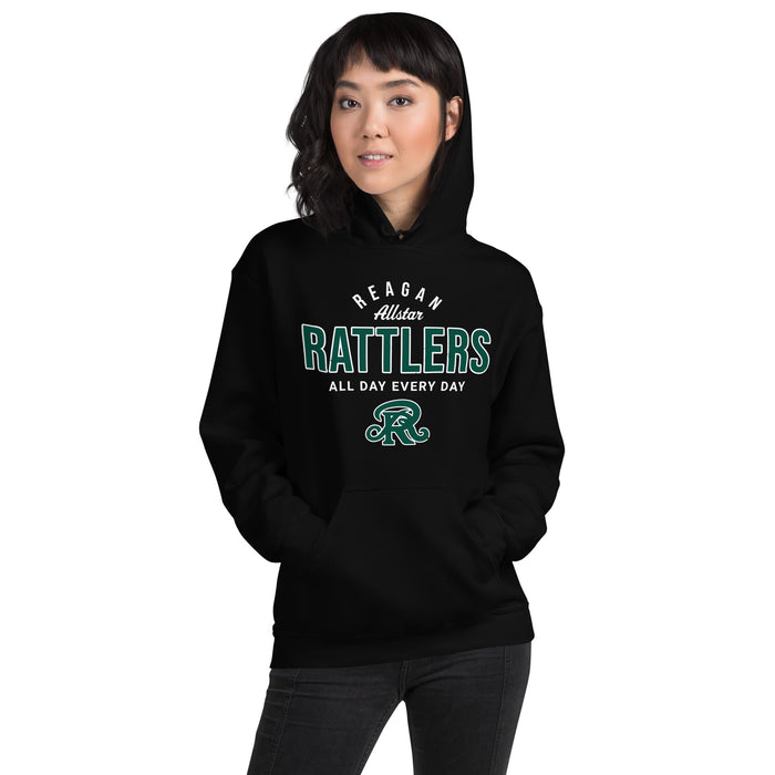 Woman wearing Reagan High School Rattlers Black Classic Unisex Hoodie 040