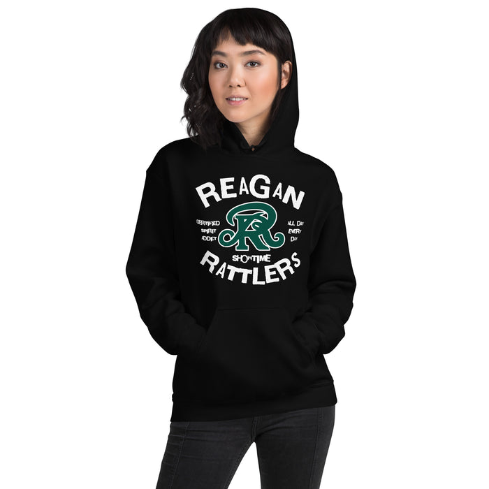 Woman wearing Reagan High School Rattlers Black Classic Unisex Hoodie 228