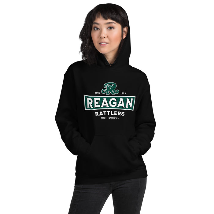 Woman wearing Reagan High School Rattlers Black Classic Unisex Hoodie 202