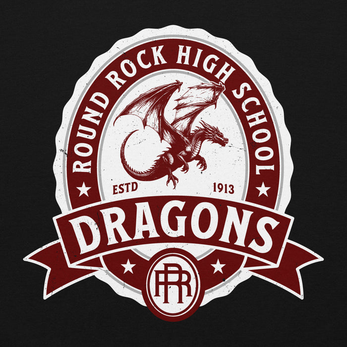 Close-up view of Round Rock High School Dragons Black Classic Unisex Hoodie 212