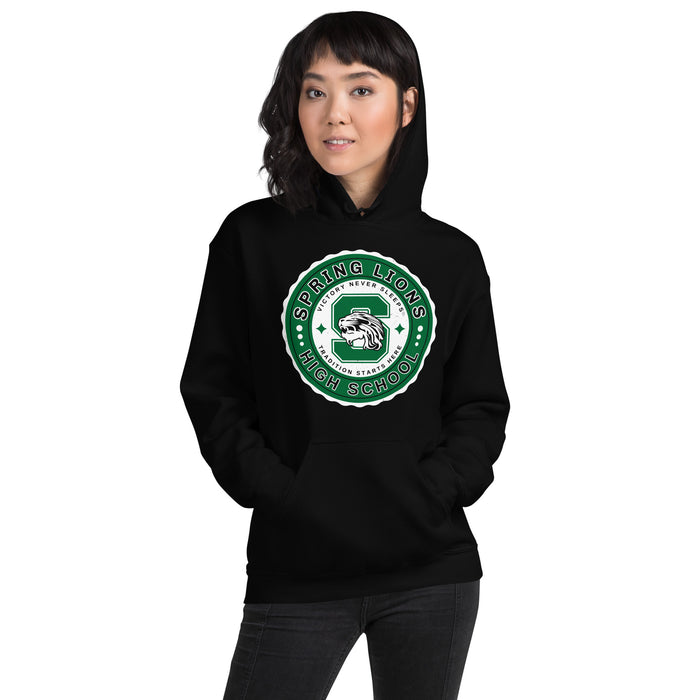 Woman wearing Spring High School Lions Black Classic Unisex Hoodie 216