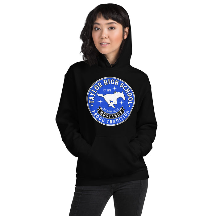 Woman wearing Taylor High School Mustangs Black Classic Unisex Hoodie 215
