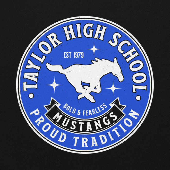 Close-up view of Taylor High School Mustangs Black Classic Unisex Hoodie 215