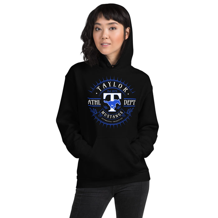 Woman wearing Taylor High School Mustangs Black Classic Unisex Hoodie 201