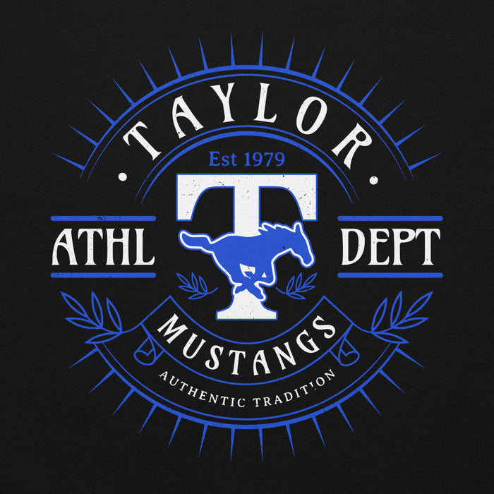 Close-up view of Taylor High School Mustangs Black Classic Unisex Hoodie 201