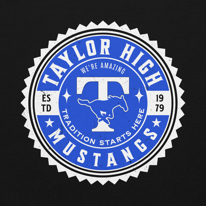 Close-up view of Taylor High School Mustangs Black Classic Unisex Hoodie 203