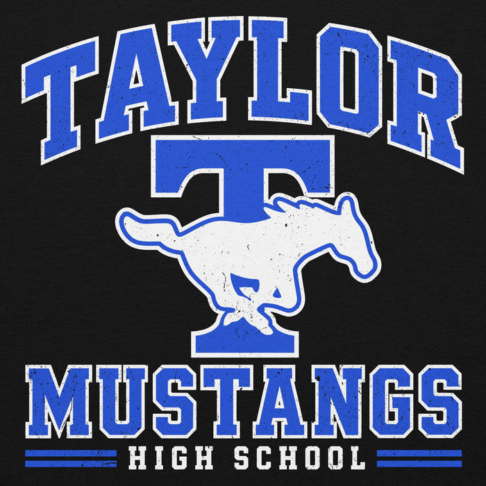 Close-up view of Taylor High School Mustangs Black Classic Unisex Hoodie 060
