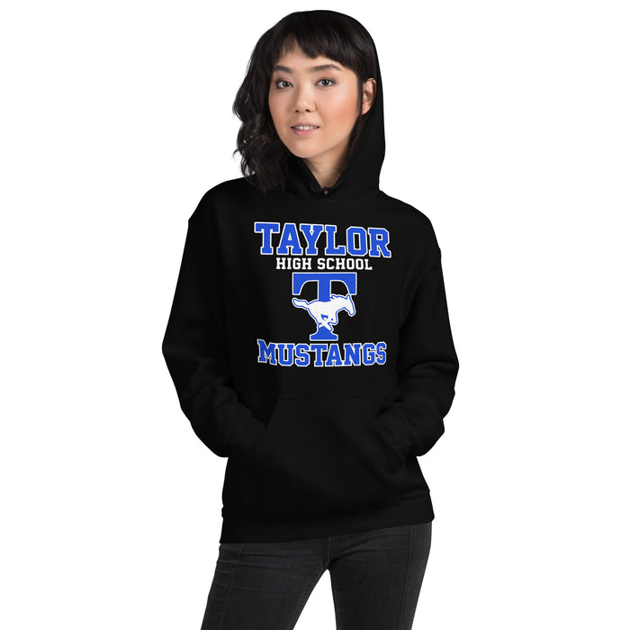 Woman wearing Taylor High School Mustangs Black Classic Unisex Hoodie 006