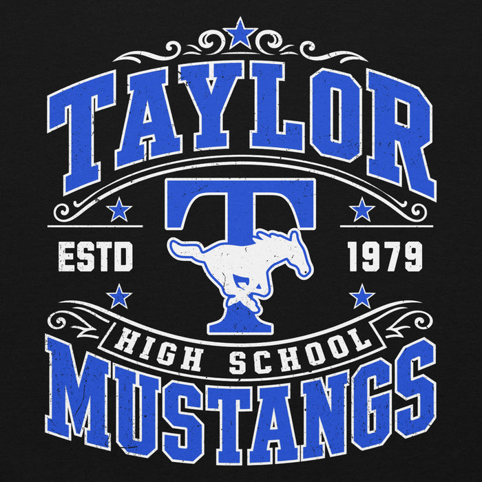 Close-up view of Taylor High School Mustangs Black Classic Unisex Hoodie 030