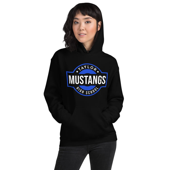 Woman wearing Taylor High School Mustangs Black Classic Unisex Hoodie 011
