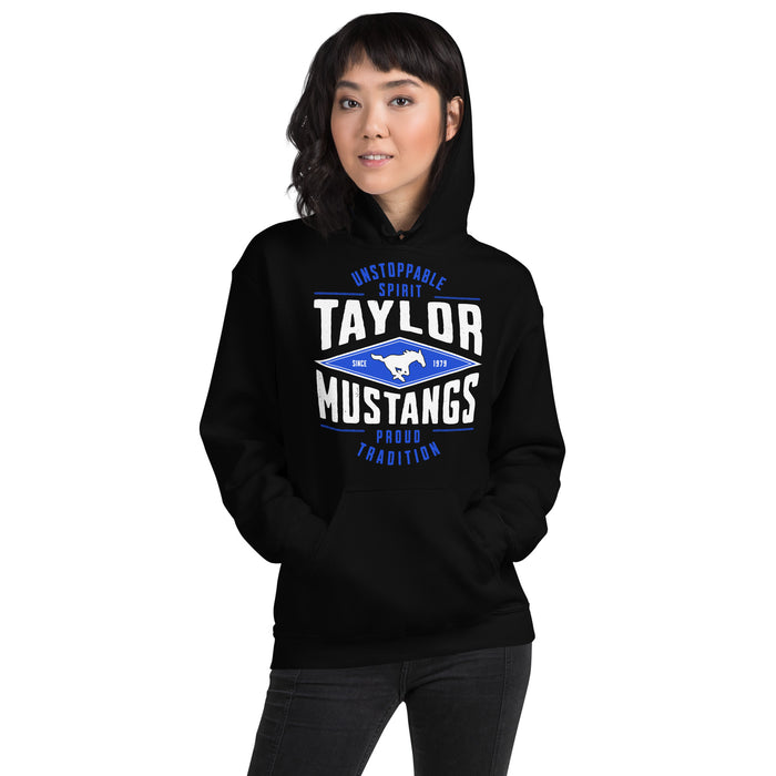 Woman wearing Taylor High School Mustangs Black Classic Unisex Hoodie 210