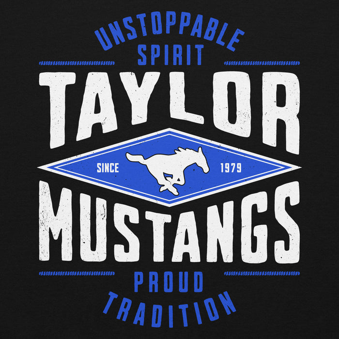 Close-up view of Taylor High School Mustangs Black Classic Unisex Hoodie 210