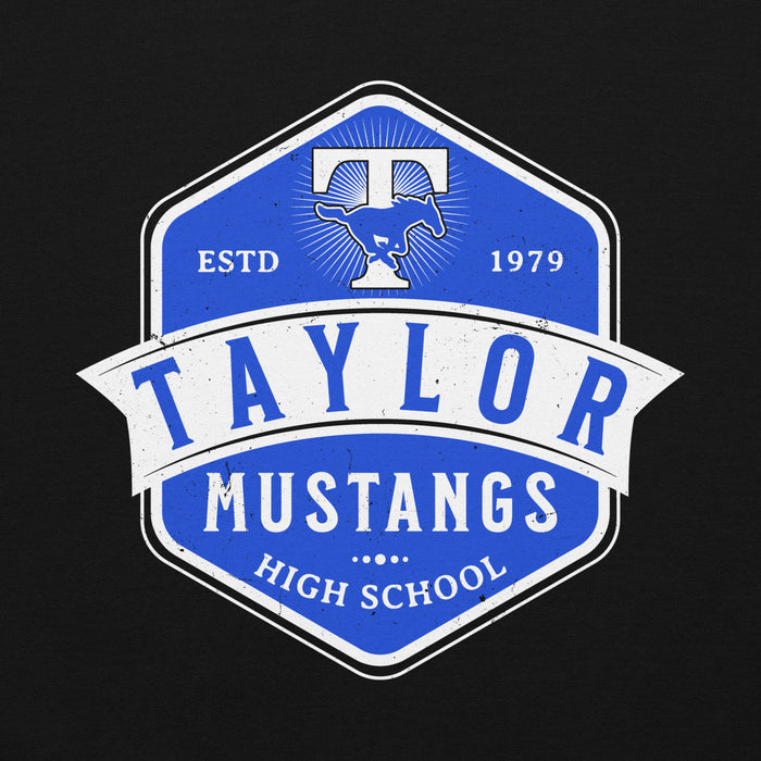 Close-up view of Taylor High School Mustangs Black Classic Unisex Hoodie 209