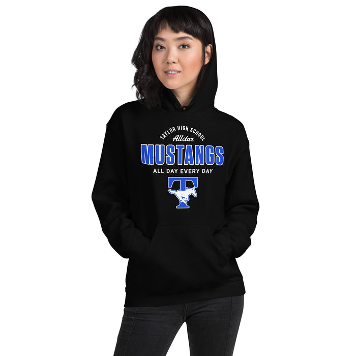 Woman wearing Taylor High School Mustangs Black Classic Unisex Hoodie 040