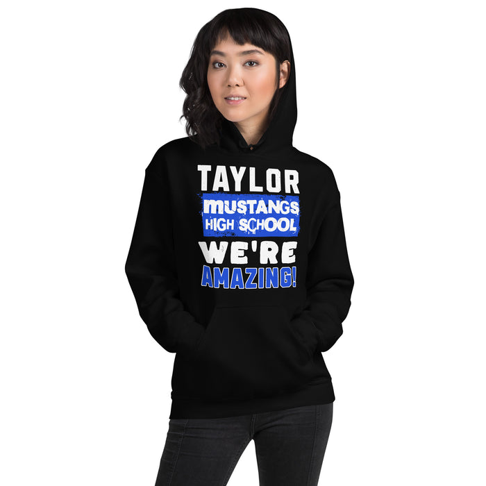 Woman wearing Taylor High School Mustangs Black Classic Unisex Hoodie 231