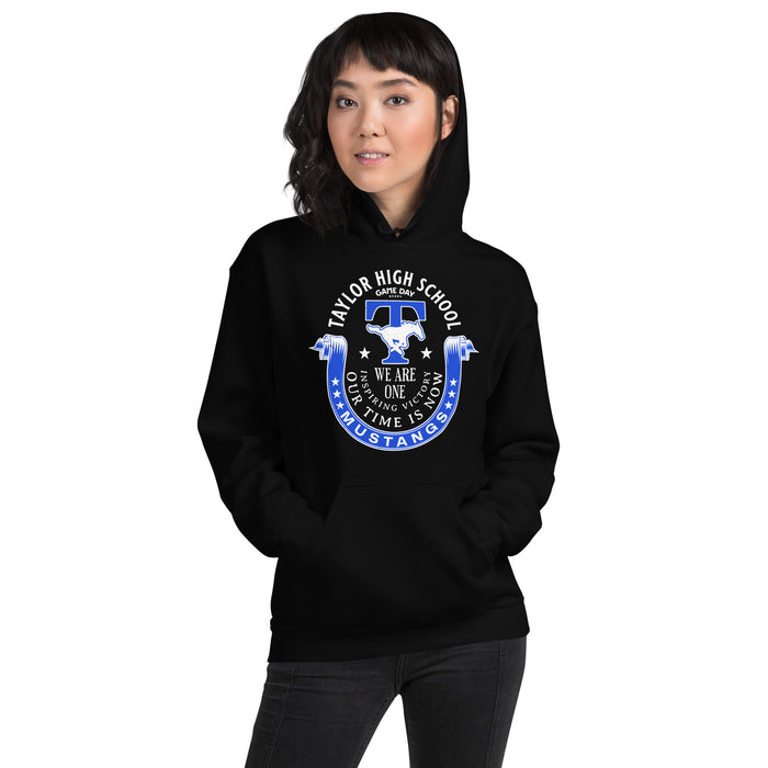 Woman wearing Taylor High School Mustangs Black Classic Unisex Hoodie 229