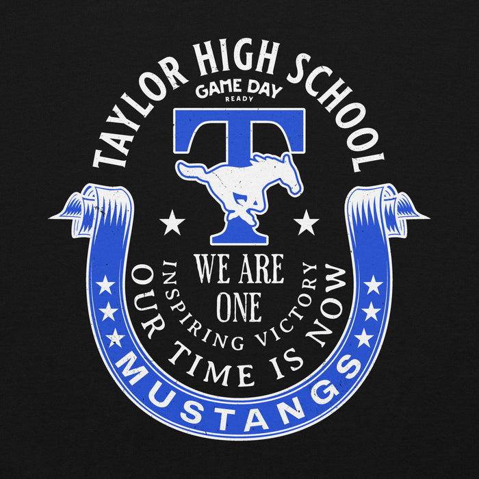Close-up view of Taylor High School Mustangs Black Classic Unisex Hoodie 229