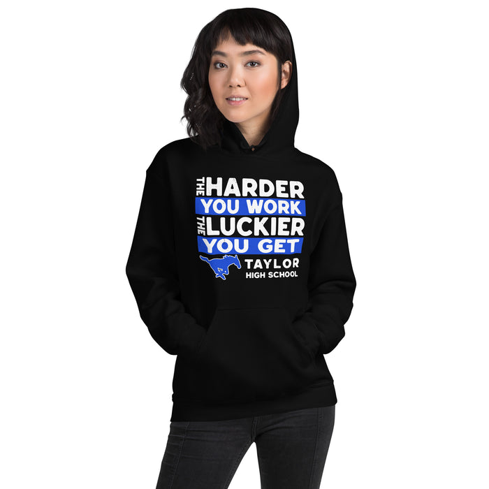 Woman wearing Taylor High School Mustangs Black Classic Unisex Hoodie 238