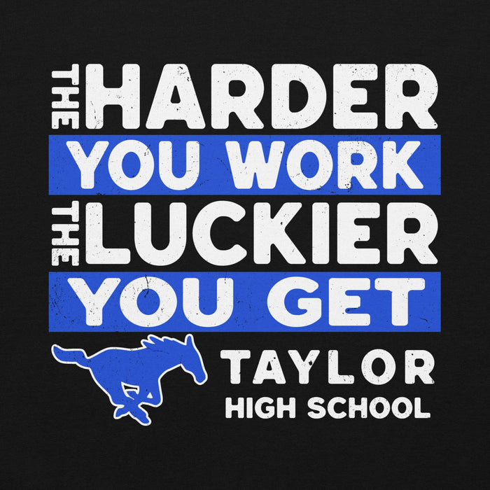 Close-up view of Taylor High School Mustangs Black Classic Unisex Hoodie 238