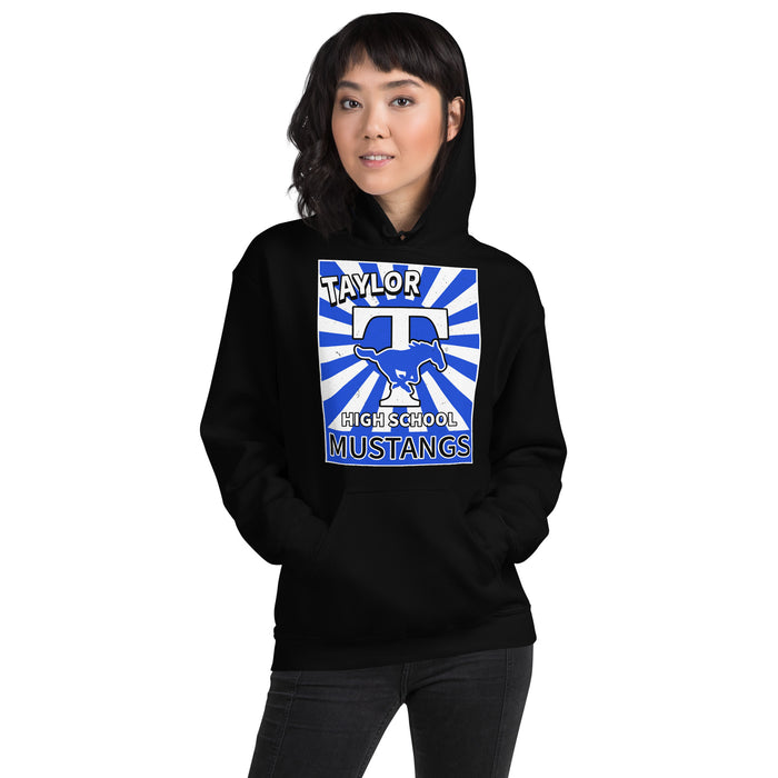 Woman wearing Taylor High School Mustangs Black Classic Unisex Hoodie 226