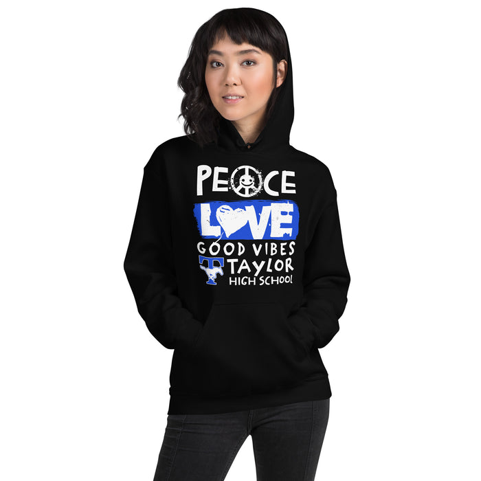 Woman wearing Taylor High School Mustangs Black Classic Unisex Hoodie 240
