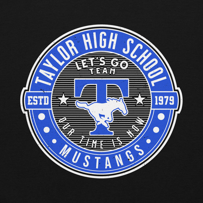 Close-up view of Taylor High School Mustangs Black Classic Unisex Hoodie 224