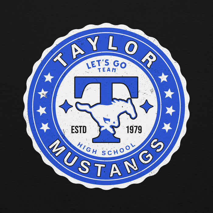 Close-up view of Taylor High School Mustangs Black Classic Unisex Hoodie 216