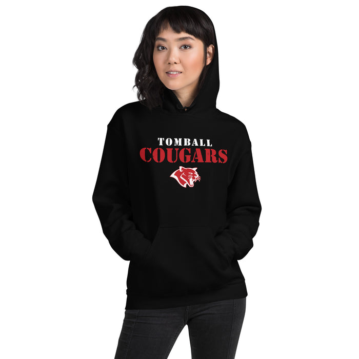 Woman wearing Tomball High School Cougars Black Classic Unisex Hoodie 017