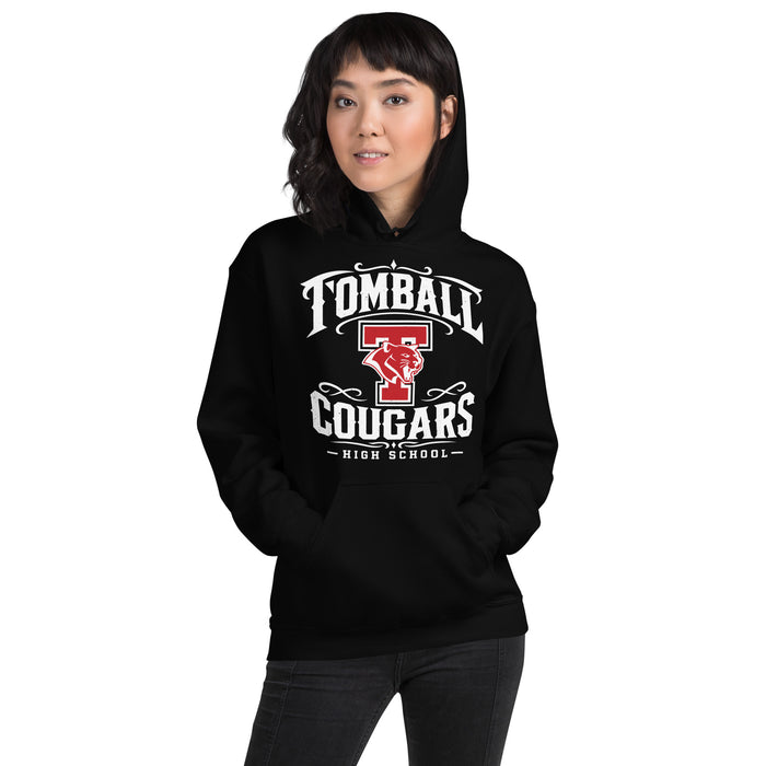 Woman wearing Tomball High School Cougars Black Classic Unisex Hoodie 022