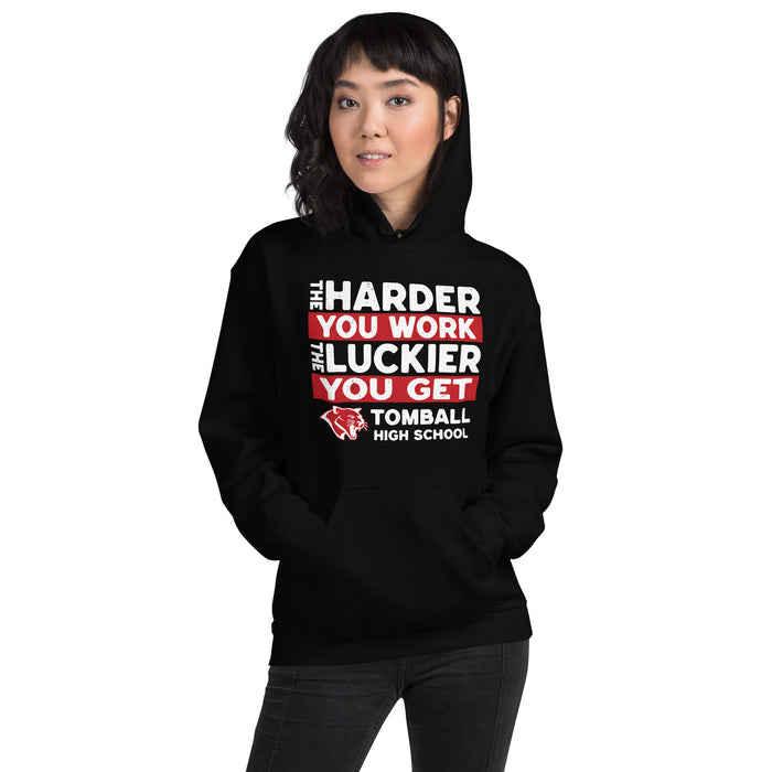 Woman wearing Tomball High School Cougars Black Classic Unisex Hoodie 238