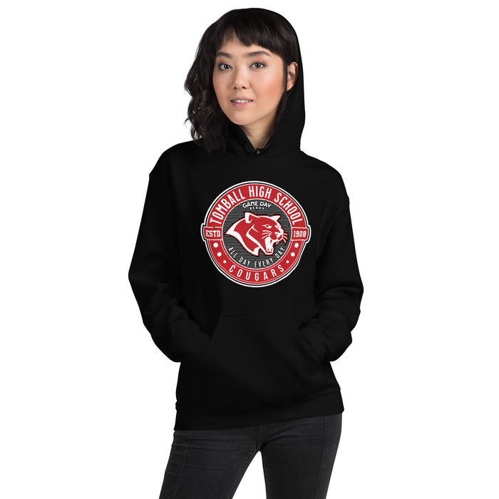 Woman wearing Tomball High School Cougars Black Classic Unisex Hoodie 224